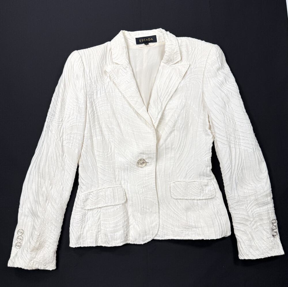 Escada women off white texture silk blend blazer jacket Sz 36